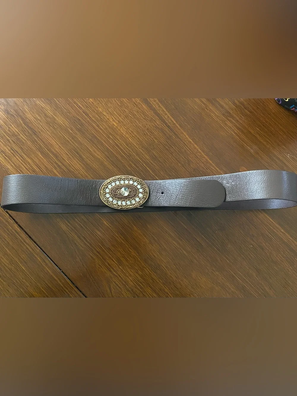 Vintage Boho Brown Leather Belt with Embellished Rhinestone Medallion Buckle L